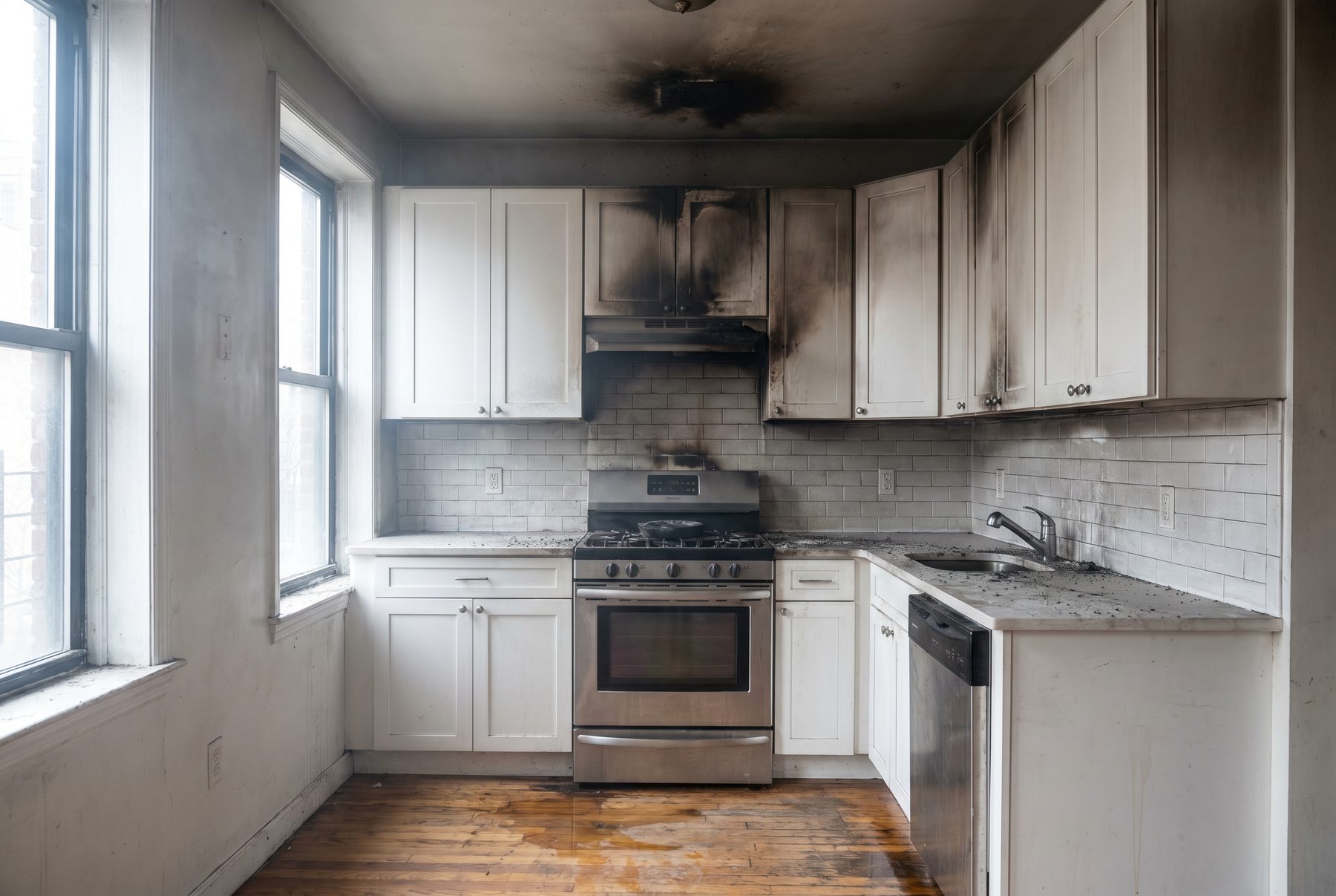 Soot-covered wall and ceiling after a fire