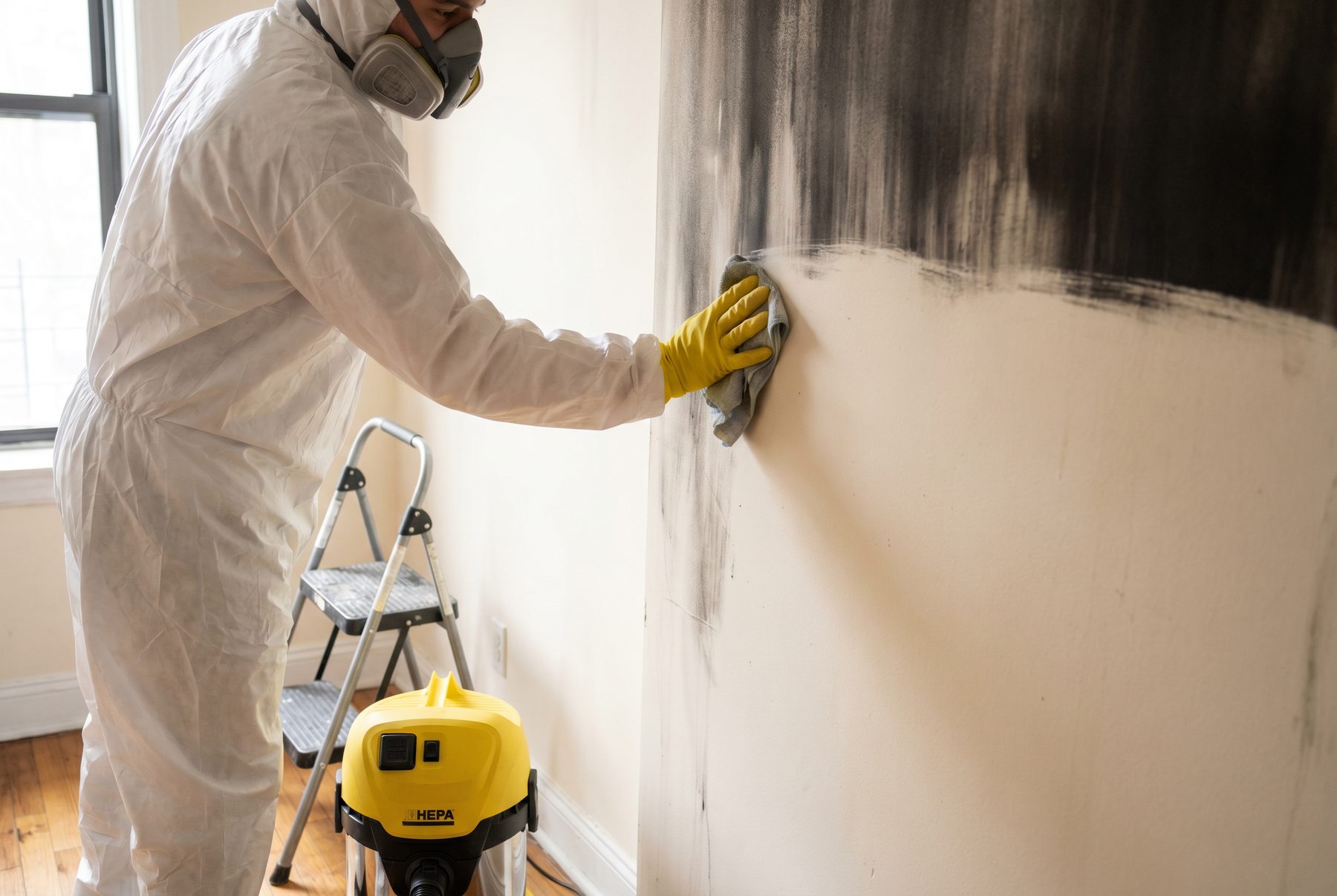 Crew member cleaning smoke residue from a wall